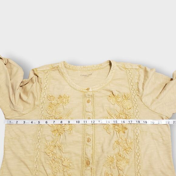 NWOT Coldwater Creek Yellow Mineral Wash Floral Embroidered Button Up Top Sz Lg - Picture 11 of 14